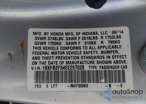 2014 Honda Civic Lx from USA, damaged, VIN 19XFB2F54EE257020